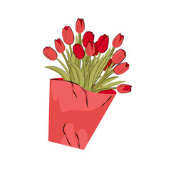 A beautifully hand-drawn PNG illustration of a bouquet of red tulips wrapped in stylish crumpled paper.