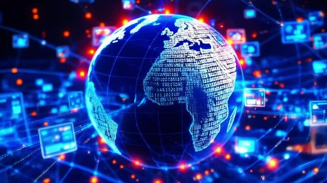 Digital globe visualization with data streams and network connections, symbolizing global connectivity