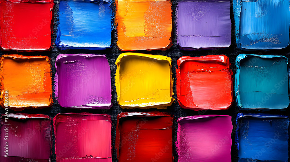 Aufkleber chromatic harmony: a vibrant display of textured square color swatches, arranged in a grid pattern t