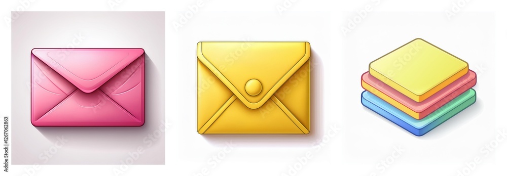 Poster three icons depict digital messages or files. there's a pink envelope, a yellow buttoned envelope, a
