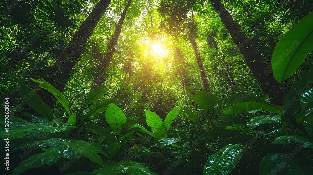 Poster lush canopy: sunlight filters through the dense green foliage of a vibrant rainforest, creating a st