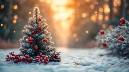 christmas tree on snow blurred with christmas background