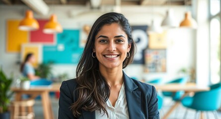 Young smart indian businesswoman, smiling face, standing in blur background of creative colorful office interior design.