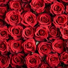 A bunch of red roses are arranged in a row