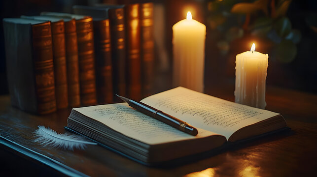 Elegant Quill and Vintage Writing Desk with Candles for World Poetry Day Celebrating Timeless Literature