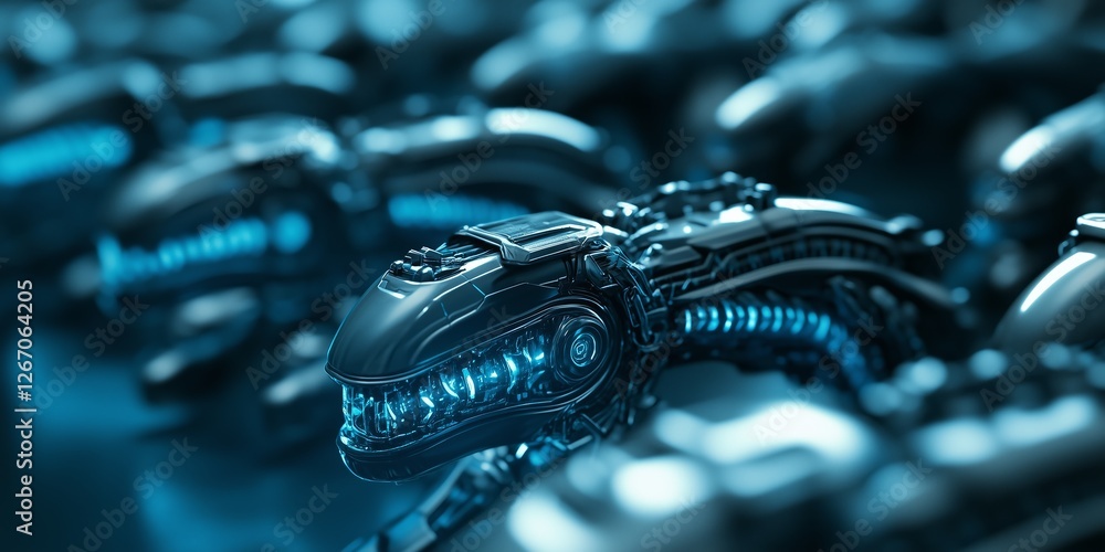 Poster robotic arms synchronizing production, emitting luminous blue signals while manufacturing components