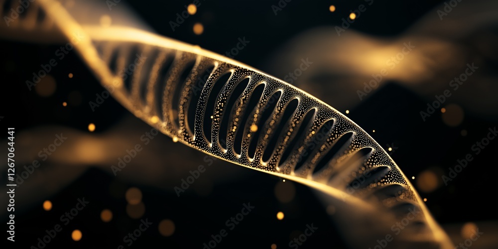Poster rotating golden dna helix glowing against dark backdrop, luminous particles swirling around molecula