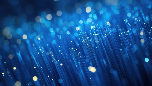 Blue fiber optic cables glowing, bokeh background, technology, data transfer