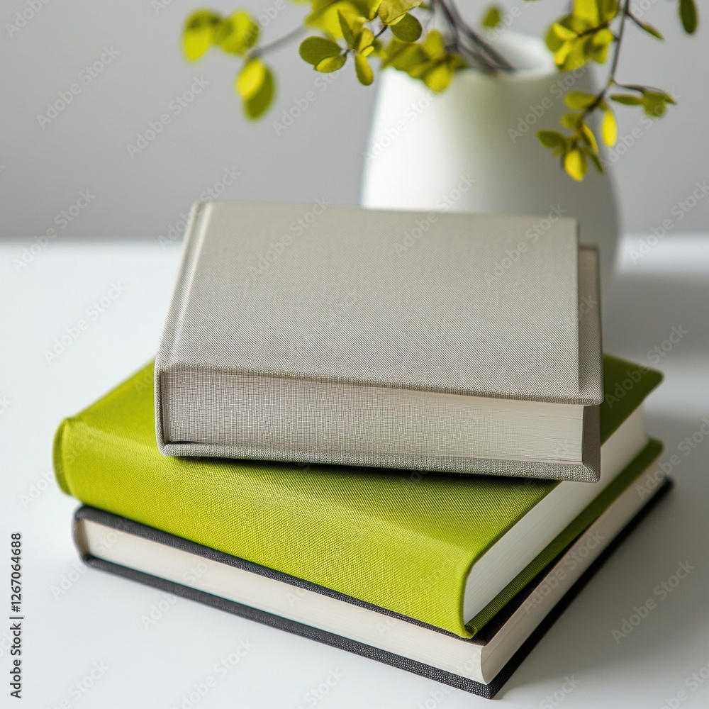 Poster stylish arrangement of textured books with green accents on a minimalist table with a simple vase. g