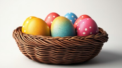 colorful easter eggs with wicker basket isolated on transparent background