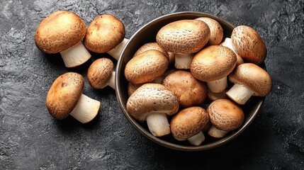Obraz premium Freshly harvested mushrooms arranged in a bowl on a textured dark surface with scattered mushrooms