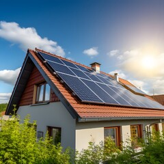 Fototapeta premium A house with a red roof and a solar panel on the roof