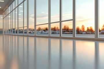 Fototapeta premium A spacious, modern showroom with floor-to-ceiling glass walls reflecting the warm hues of a sunset. 