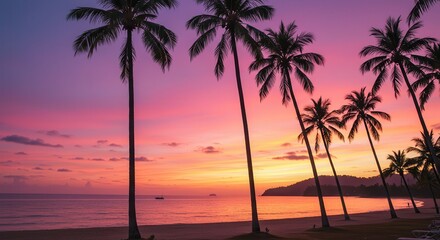 Obraz premium Palm Trees Silhouetted at Beach Sunset with Vibrant Pink and Orange Sky