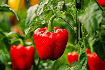 Big ripe sweet bell peppers vegetables, paprika plants growing in garden