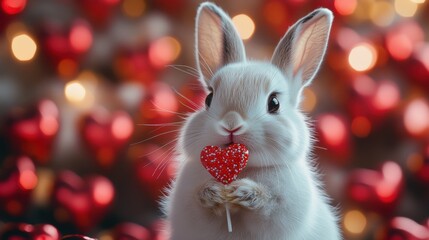Sweet bunny holding heart-shaped lollipop surrounded by shimmering red decorations in a festive atmosphere. Generative AI