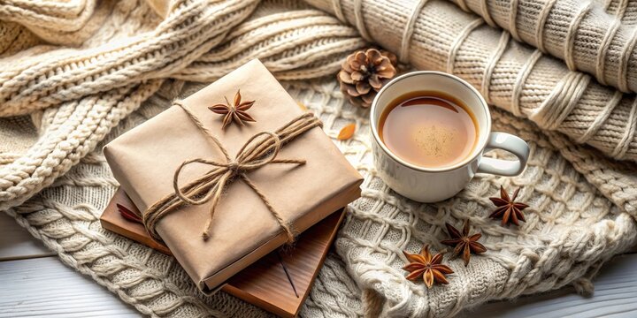 Cozy autumn scene with a warm beverage and a gift