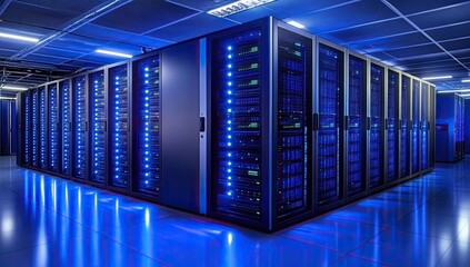 Data center servers illuminate blue floor, network infrastructure, technology
