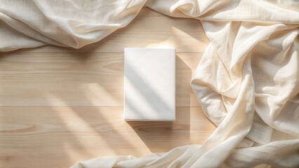 Sunlight illuminates a blank box nestled on a light wood surface, elegantly draped with soft, neutral fabric