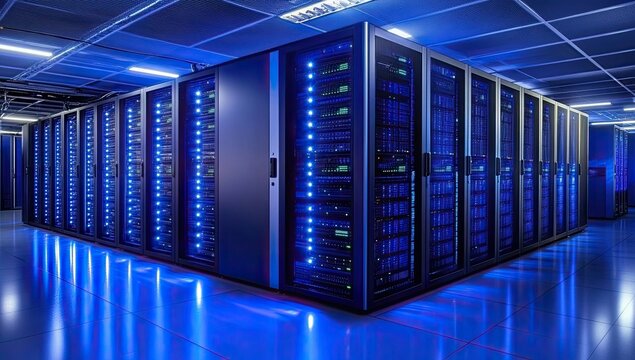 Data center servers illuminate blue floor, network infrastructure, technology - Powered by Adobe