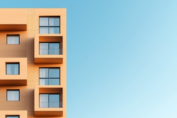 A contemporary apartment building with a warm wooden facade and large glass windows, set against a clear blue sky.