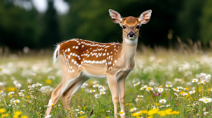 Young Deer Standing in a Spring Meadow