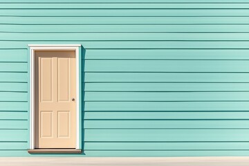 A beautifully designed minimalist exterior featuring a pastel beige door set against a vibrant teal wooden siding. 