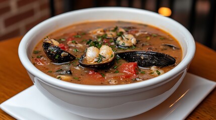 Warm inviting light illuminates rich seafood stew. AI Generated