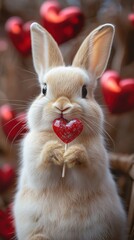 Fototapeta premium Cute rabbit holding heart-shaped lollipop surrounded by red hearts in a festive setting indoors. Generative AI