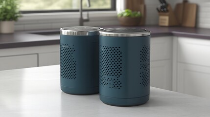 Stylish teal canisters sit elegantly on a kitchen counter bathed in soft natural light.. AI Generated