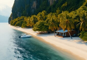 Obraz premium Serene Tropical Beach with Lush Palm Trees and Sailboat on Calm Waters at Sunset