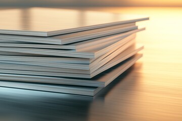 A close-up view of neatly stacked aluminum sheets with a reflective metallic surface, illuminated by warm industrial lighting.