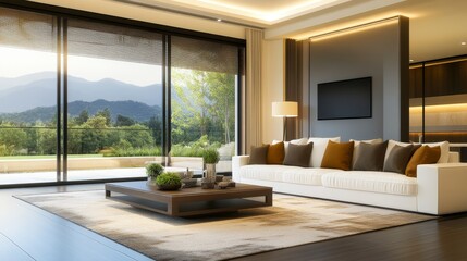 Fototapeta premium Modern Living Room Interior with Scenic Mountain Views and Elegant Decor Elements
