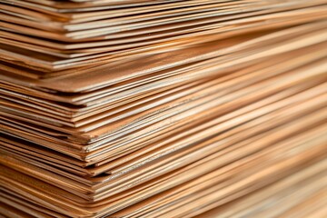 A close-up view of a neatly stacked pile of wooden veneer sheets, showcasing their smooth texture and layered edges.