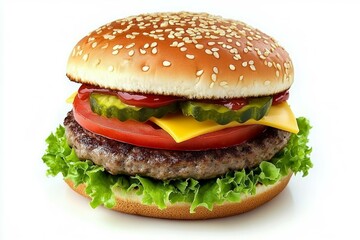 Cheeseburger on white background with lettuce and tomato. Artificial Intelligence