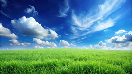 Fototapeta premium Serene landscape of a vibrant green field under a bright blue sky with fluffy white clouds