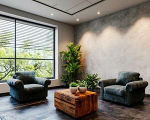 Cozy Modern Living Room with Stylish Chairs and Indoor Plants in Bright Natural Light