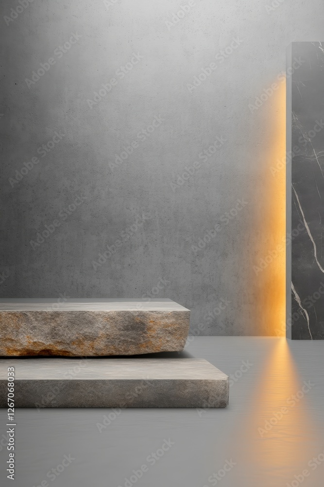 Poster modern minimalist still life with stone blocks and soft light reflection on gray background