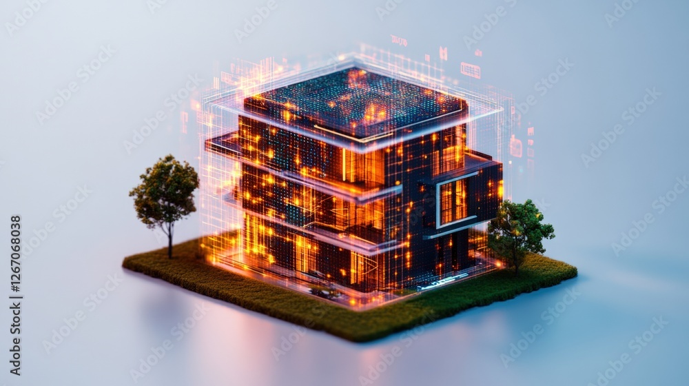 Poster small house with a tree on top and futuristic design building structures with hologram elements
