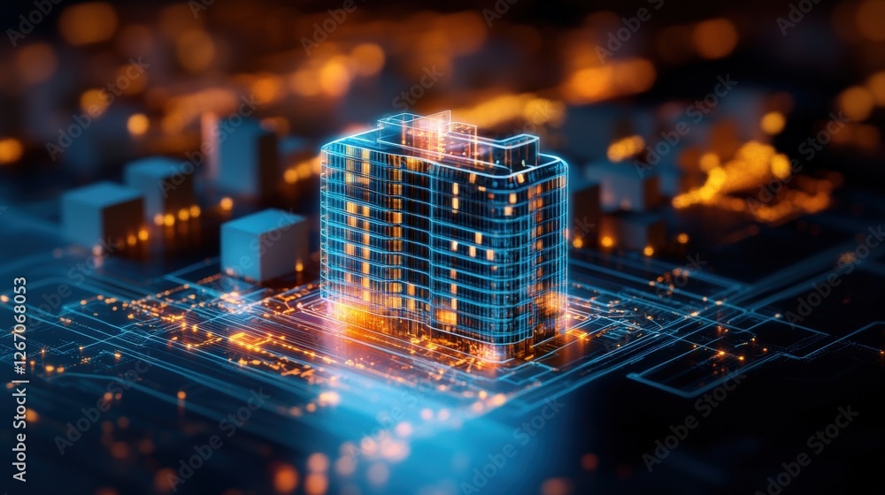 Poster futuristic building design with hologram overlay and blueprint elements showcasing modern architectu