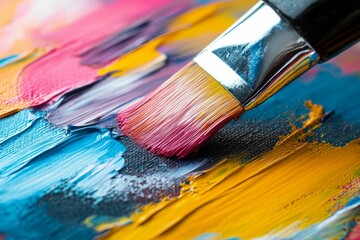 Fototapeta premium Close-up of colorful paint brushstrokes on canvas. Artificial Intelligence