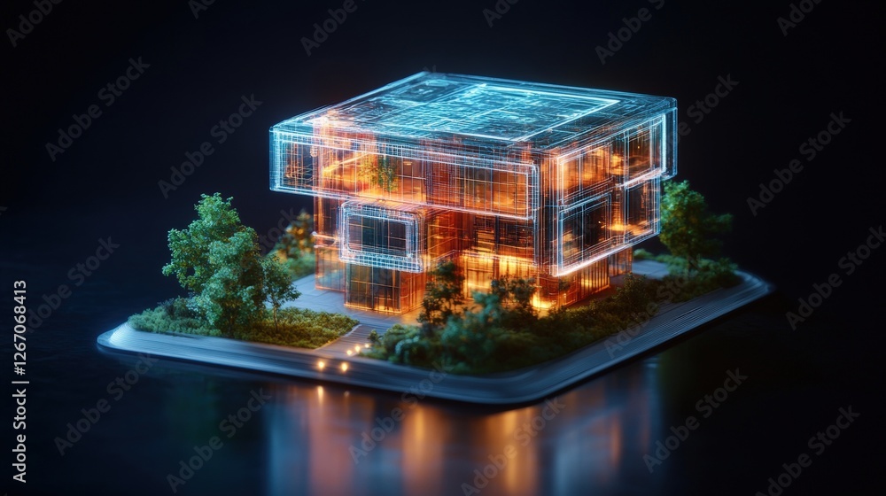 Poster model of a house with illuminated window and holographic building design structures in a futuristic 