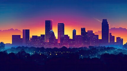 Fototapeta premium A bold skyline silhouette fading into a gradient sky, with glowing city lights.