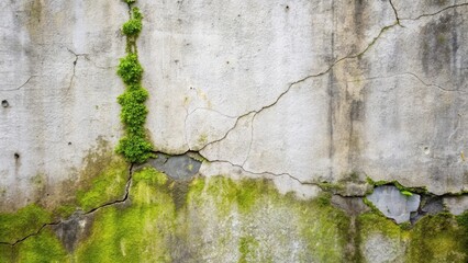 Obraz premium Textured concrete wall with cracks and green moss growth