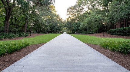 Fototapeta premium Park Pathway on a Sunny Morning; Peaceful Campus Setting; Ideal for Stock Use