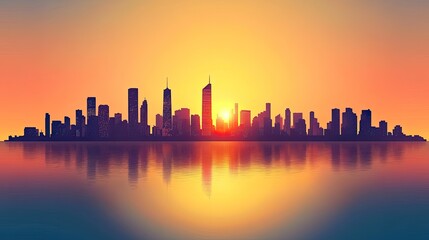 Obraz premium A business skyline silhouette with a sleek, high-tech, glass-like reflection.