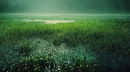 Rainy Day Meadow: Serene Green Landscape