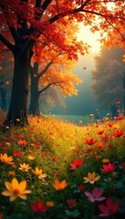A meadow blanketed in a colorful tapestry of autumn leaves and flowers, tree branches, fall foliage, flower fields