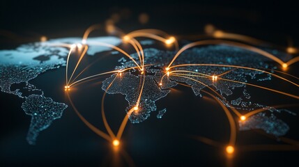 Global network map with glowing nodes connected by orange lines on a dark background. Visualizes connectivity and international relations.