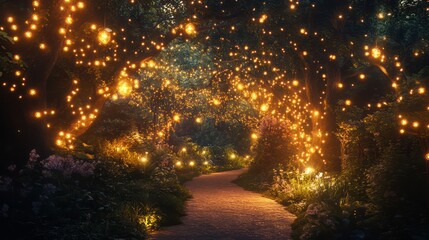Enchanted Forest Path: A Nighttime Stroll Through a Magical Garden
